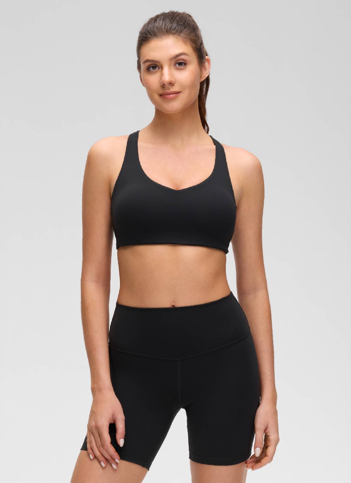 CRZ YOGA Women's Butterluxe Yoga V Neck Strappy Back Sports Bra Black