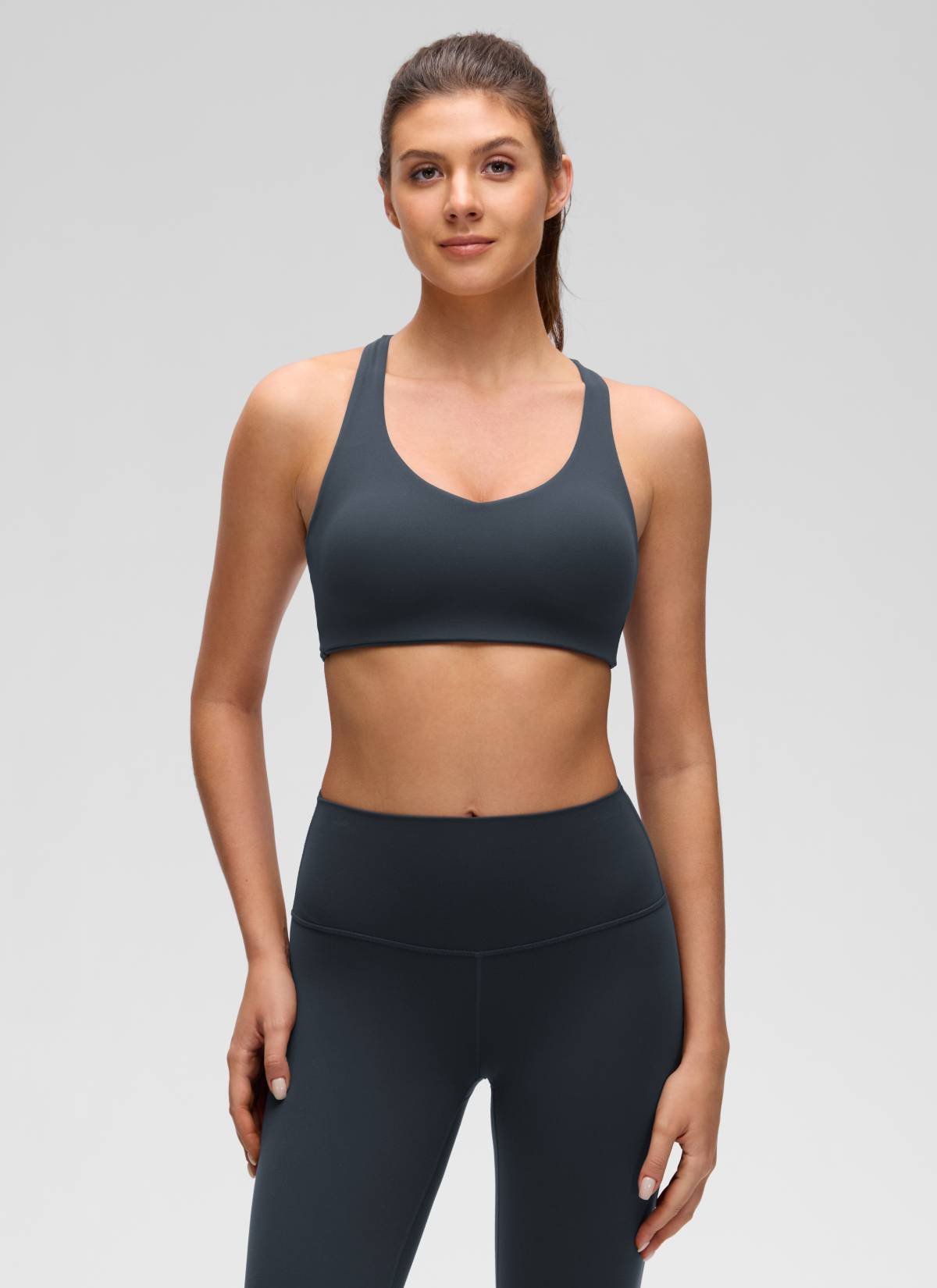 CRZ YOGA Women's Butterluxe Yoga V Neck Strappy Back Sports Bra True Navy