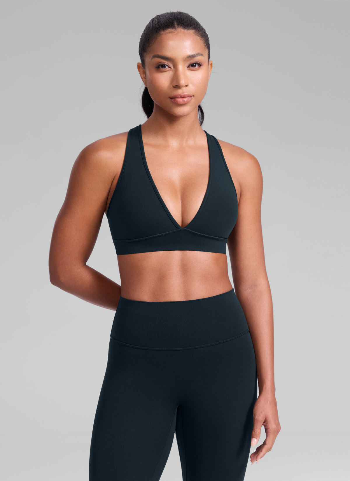 CRZ YOGA Women's Butterlift® Workout Deep V Neck Cross Back Sports Bra True Navy