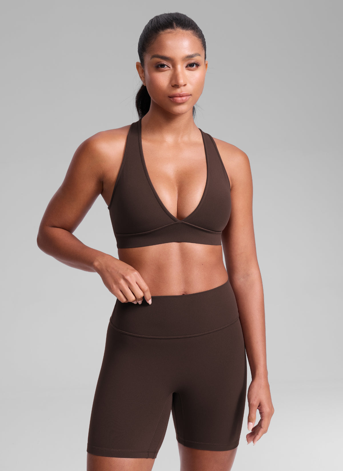 CRZ YOGA Women's Butterlift® Workout Deep V Neck Cross Back Sports Bra Hot Fudge Brown