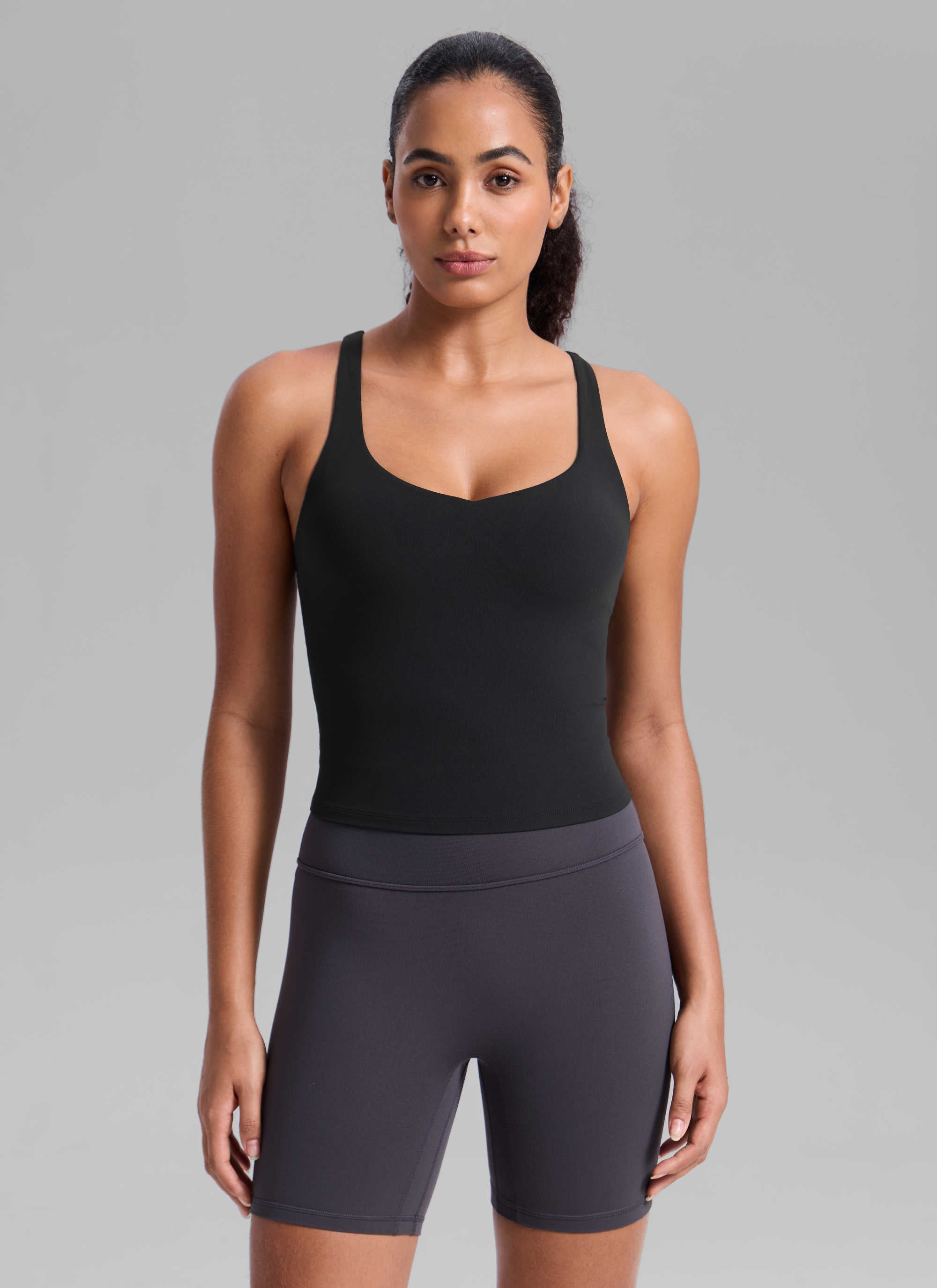 CRZ YOGA Women's Butterlift Workout V Neck Racerback Built in Bra Tank Black