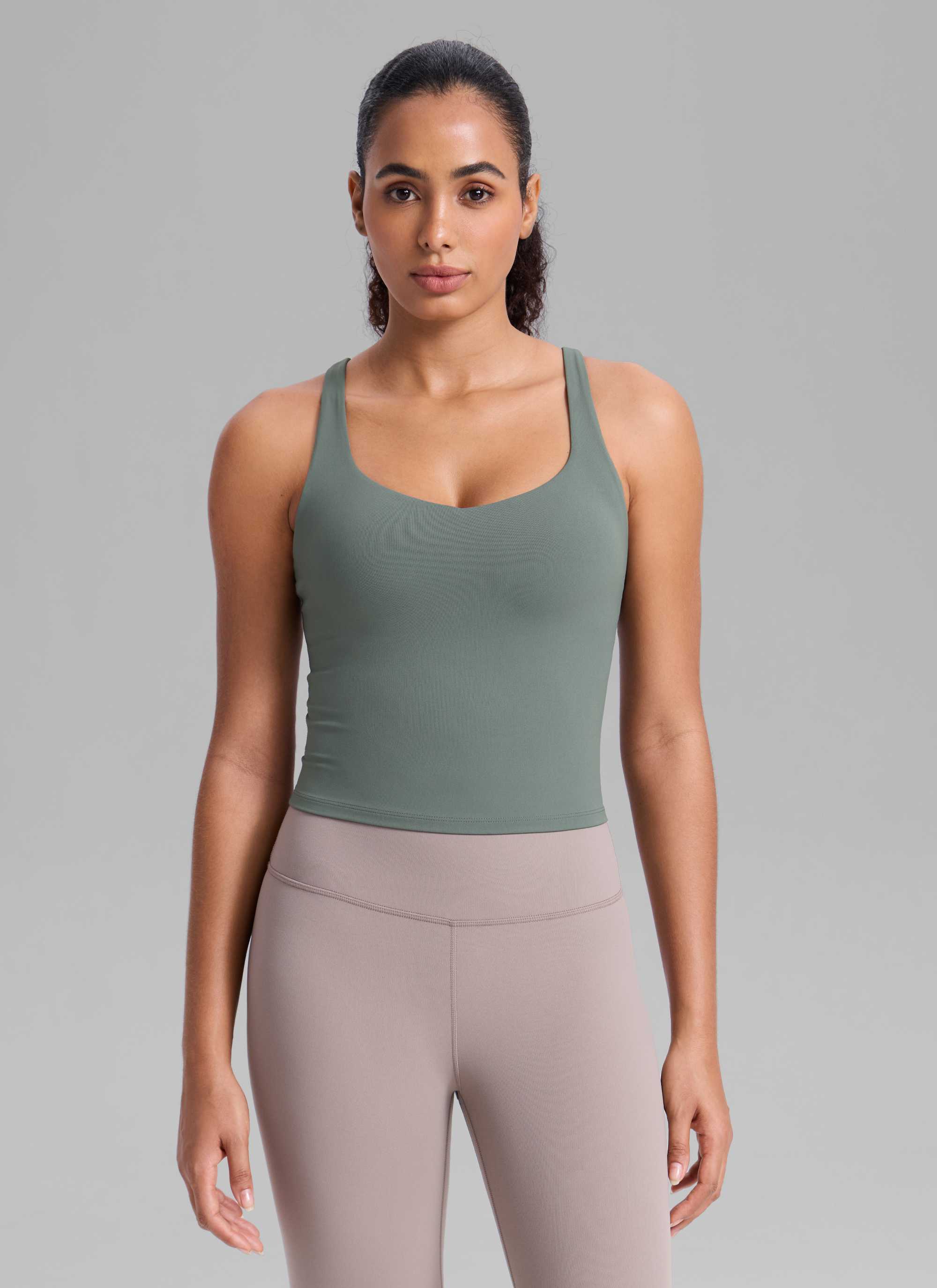 CRZ YOGA Women's Butterlift Workout V Neck Racerback Built in Bra Tank Grey Sage