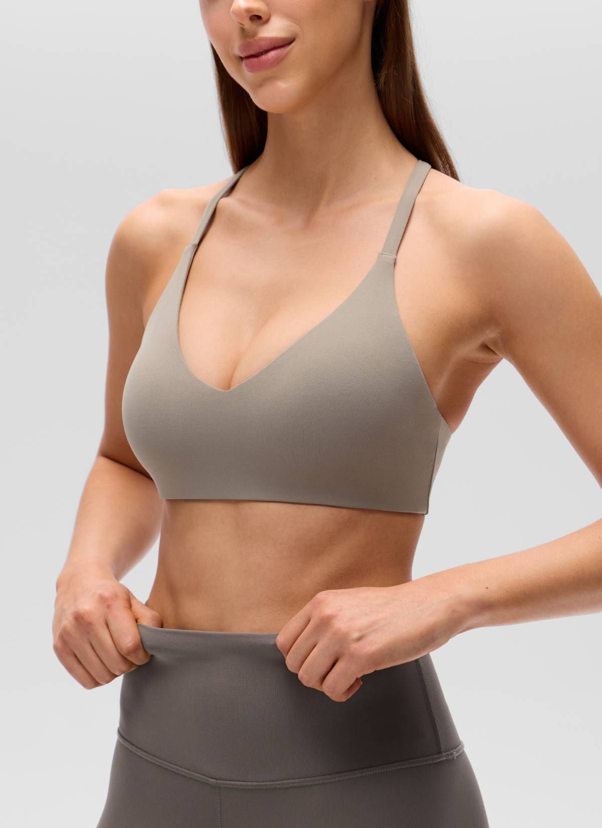 CRZ YOGA Women's Butterluxe V Neck  Racerback Thin Straps Sports Bra Warm Ash Grey