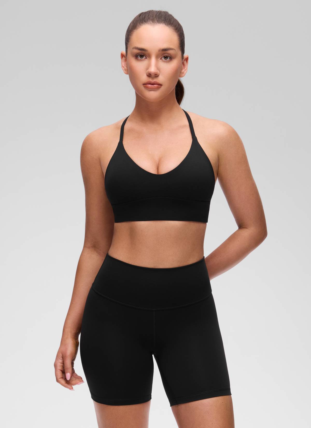 CRZ YOGA Women's Butterluxe Yoga V Neck Cross Back Longline Sports Bra Black