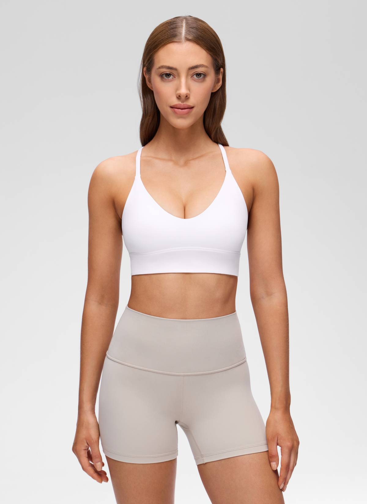 CRZ YOGA Women's Butterluxe Yoga V Neck Cross Back Longline Sports Bra White