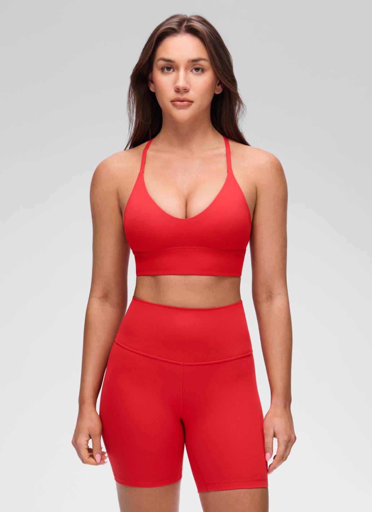 CRZ YOGA Women's Butterluxe Yoga V Neck Cross Back Longline Sports Bra Deep Red