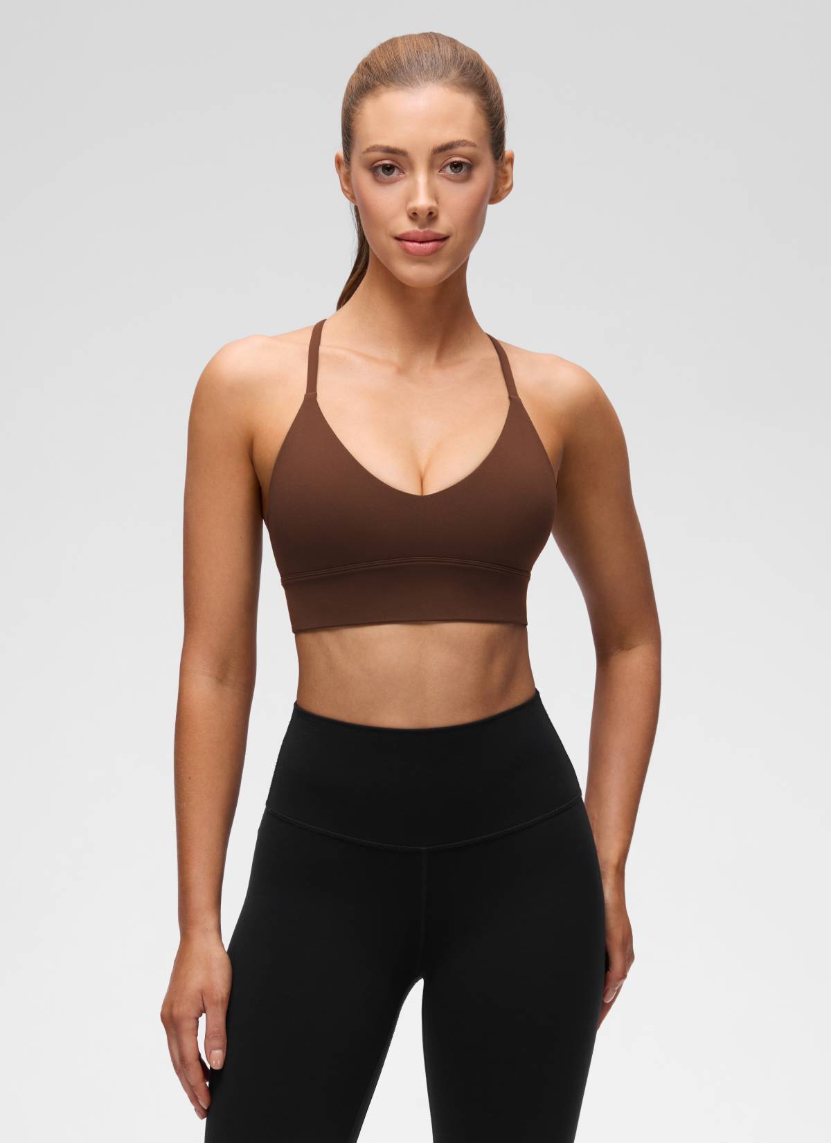 CRZ YOGA Women's Butterluxe Yoga V Neck Cross Back Longline Sports Bra Lava Brown