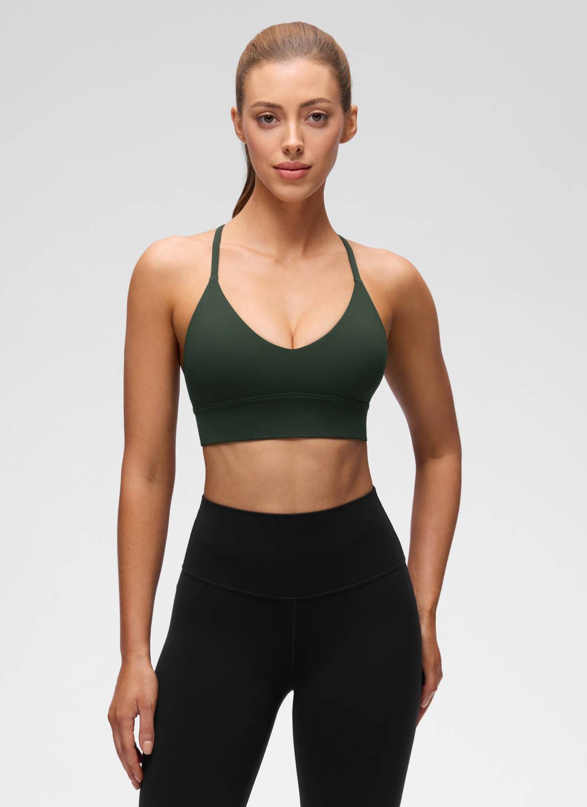 CRZ YOGA Women's Butterluxe Yoga V Neck Cross Back Longline Sports Bra Legend Green