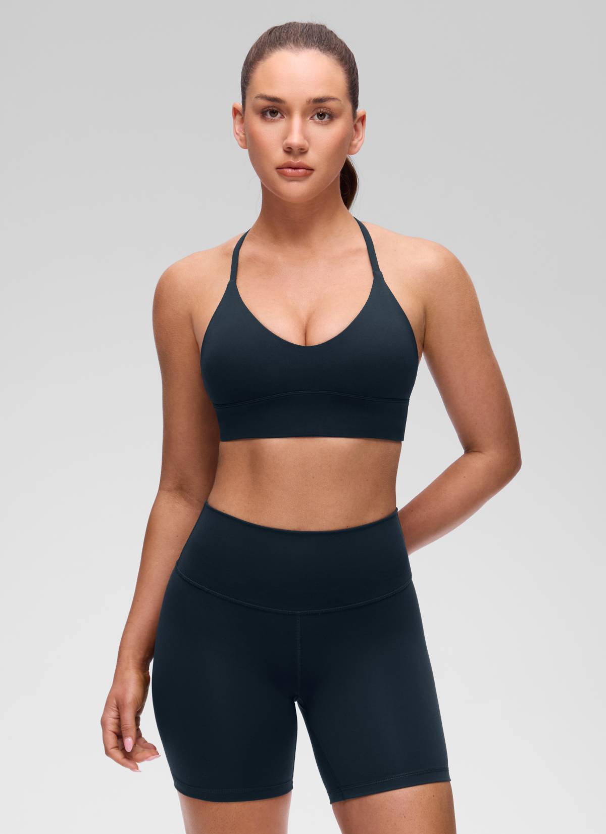 CRZ YOGA Women's Butterluxe Yoga V Neck Cross Back Longline Sports Bra True Navy