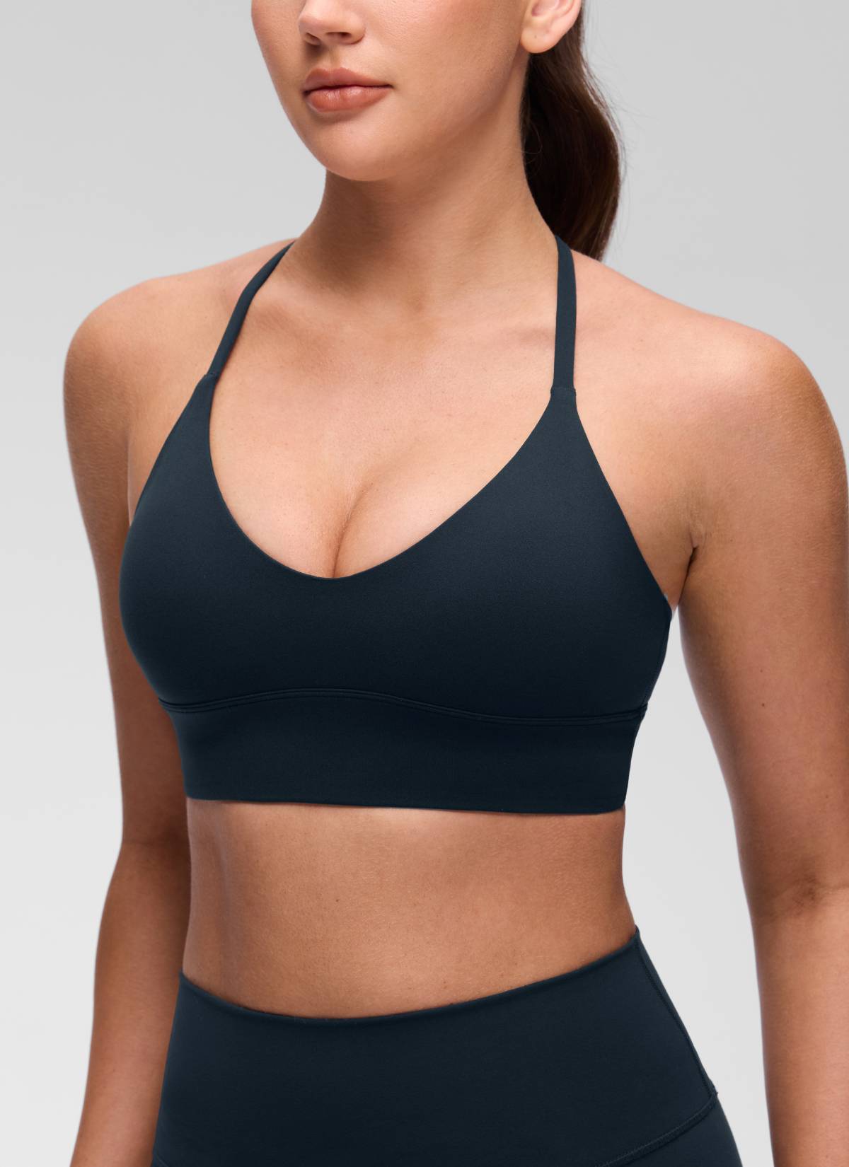 CRZ YOGA Women's Butterluxe Yoga V Neck Cross Back Longline Sports Bra True Navy