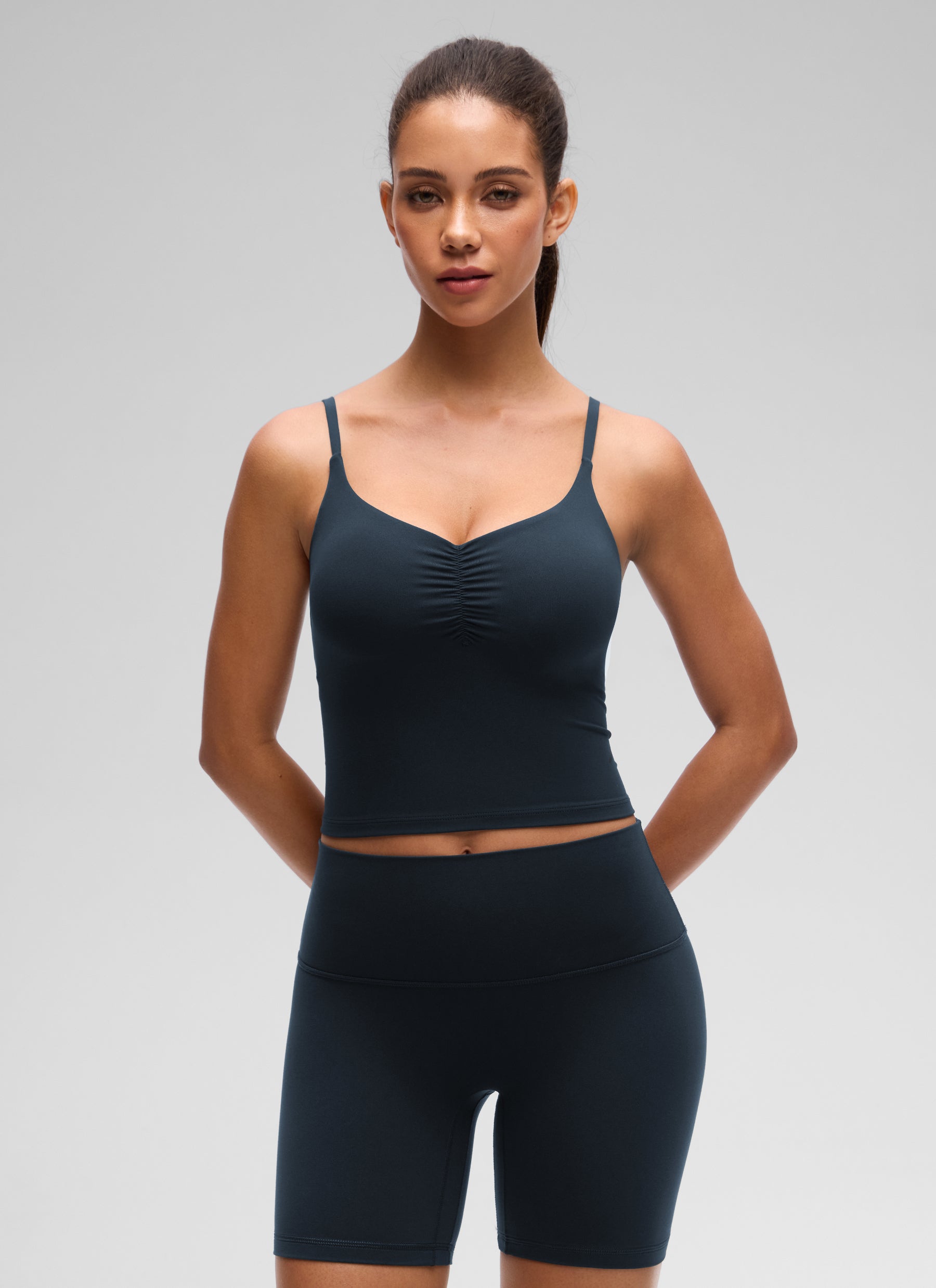 CRZ YOGA Women's Butterluxe Yoga Ruched V Neck U Back Crop Padded Tank True Navy