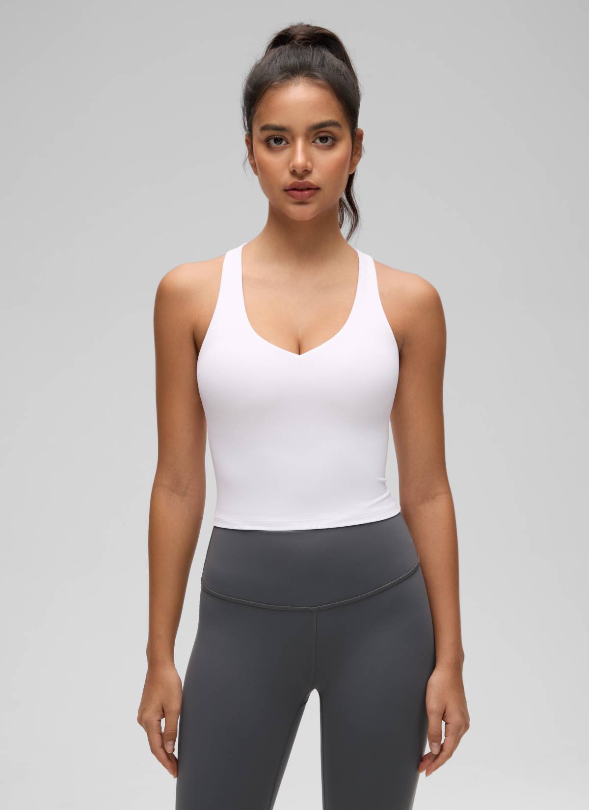 CRZ YOGA Women's Butterluxe Yoga V Neck RacerBack Built in Bra Tank White