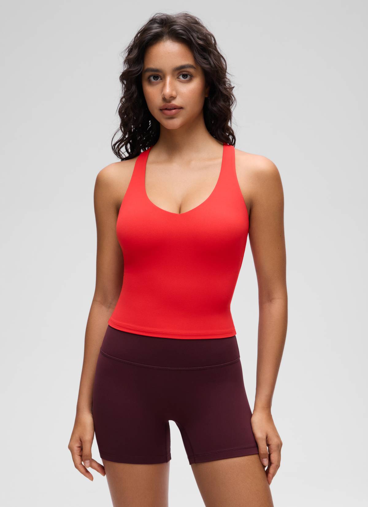 CRZ YOGA Women's Butterluxe Yoga V Neck RacerBack Built in Bra Tank Deep Red