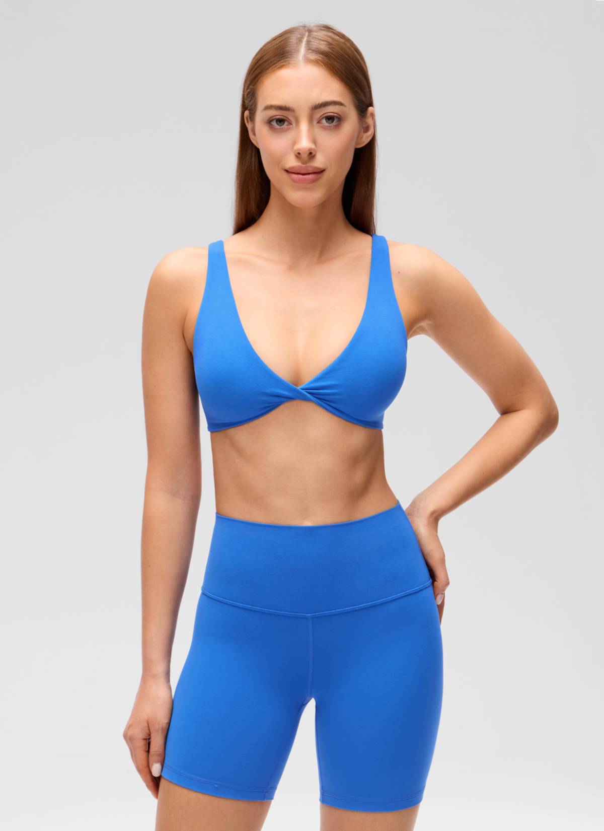 CRZ YOGA Women's Butterluxe Yoga Twist V Neck U Back Sports Bra Sparkle Blue