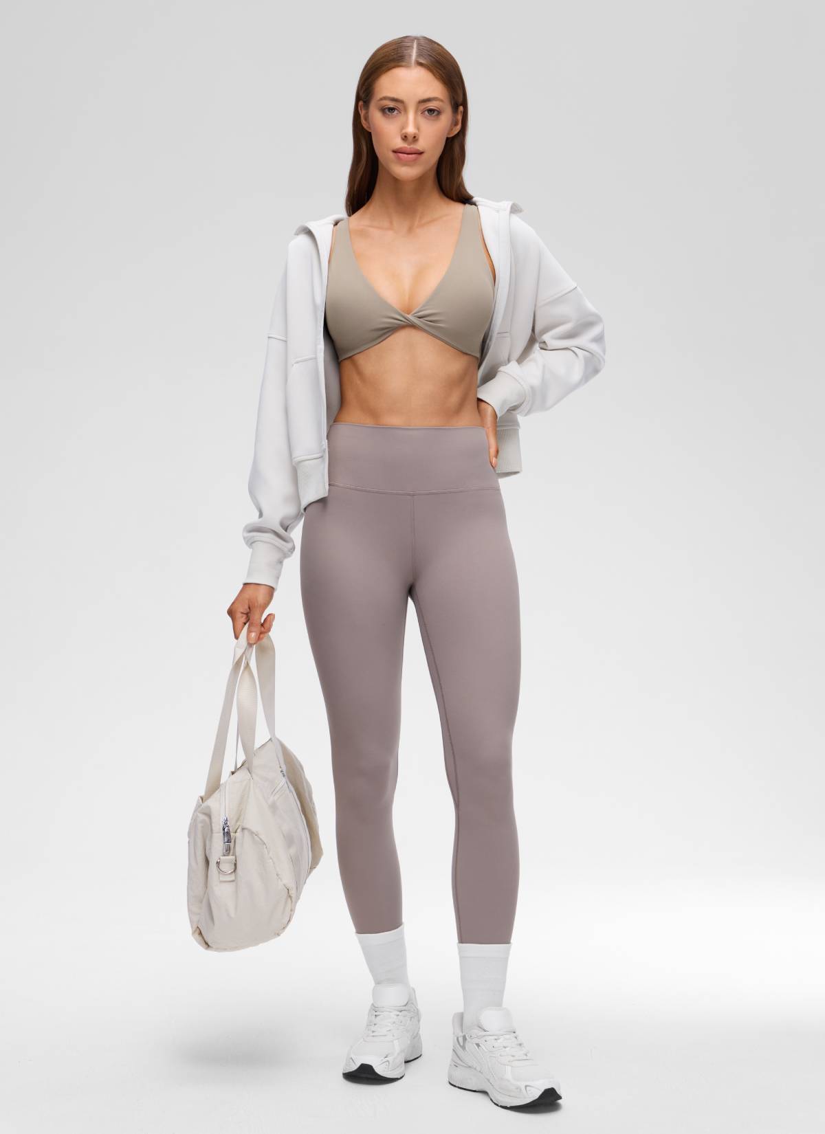 CRZ YOGA Women's Butterluxe Yoga Twist V Neck U Back Sports Bra Warm Ash Grey