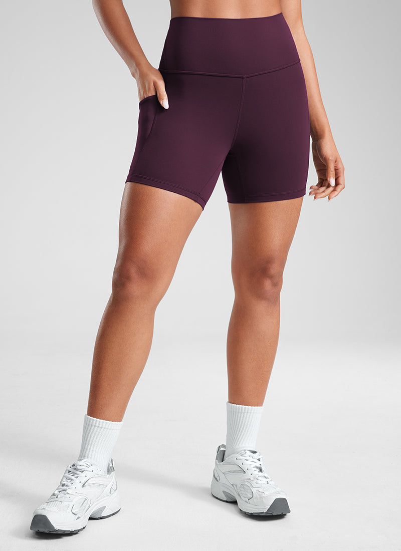 CRZ YOGA Women's Yoga High Rise Biker Butterluxe Pockets Shorts 5'' Deep Purple