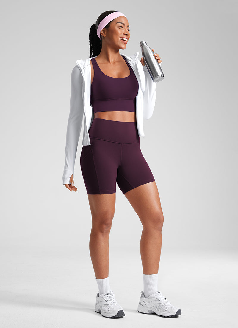 CRZ YOGA Women's Yoga High Rise Biker Butterluxe Pockets Shorts 5'' Deep Purple