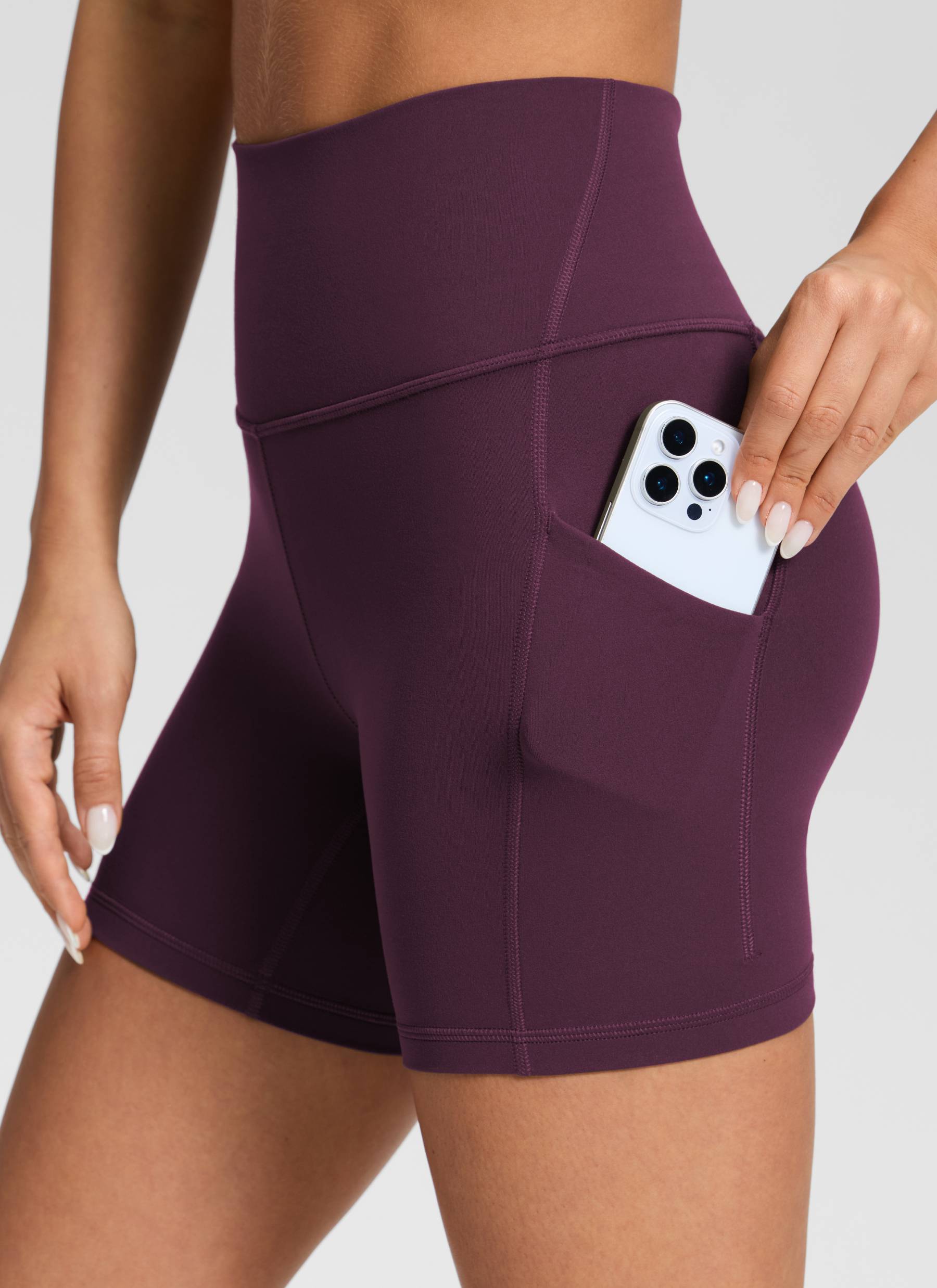 CRZ YOGA Women's Yoga High Rise Biker Butterluxe Pockets Shorts 5'' Deep Purple