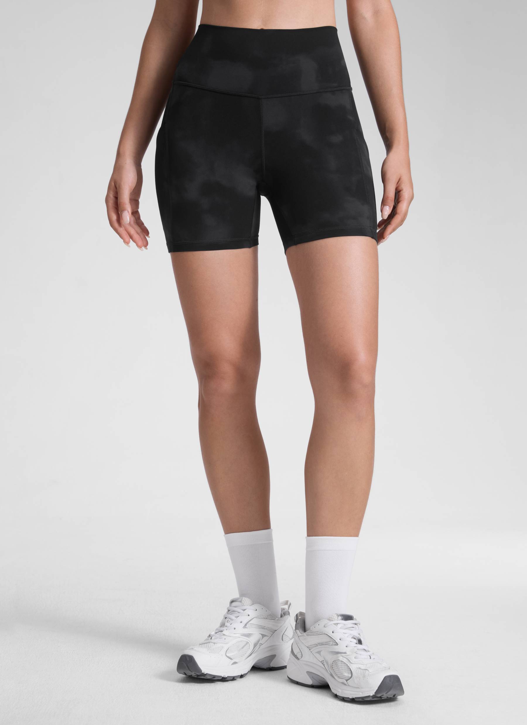 CRZ YOGA Women's Yoga High Rise Biker Butterluxe Pockets Shorts 5'' Black Tie Dye Flowers