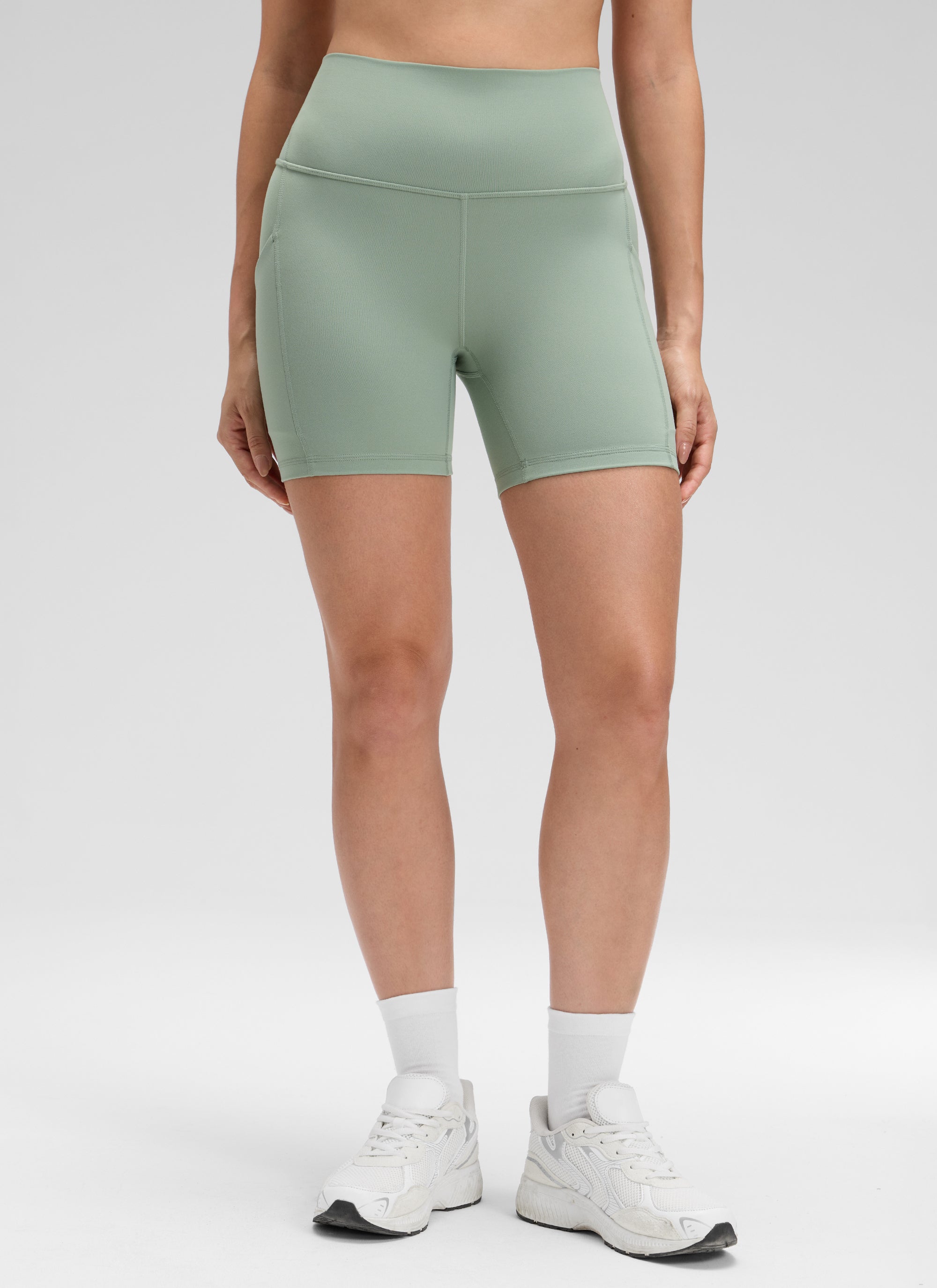 CRZ YOGA Women's Yoga High Rise Biker Butterluxe Pockets Shorts 5'' Green Palm Court