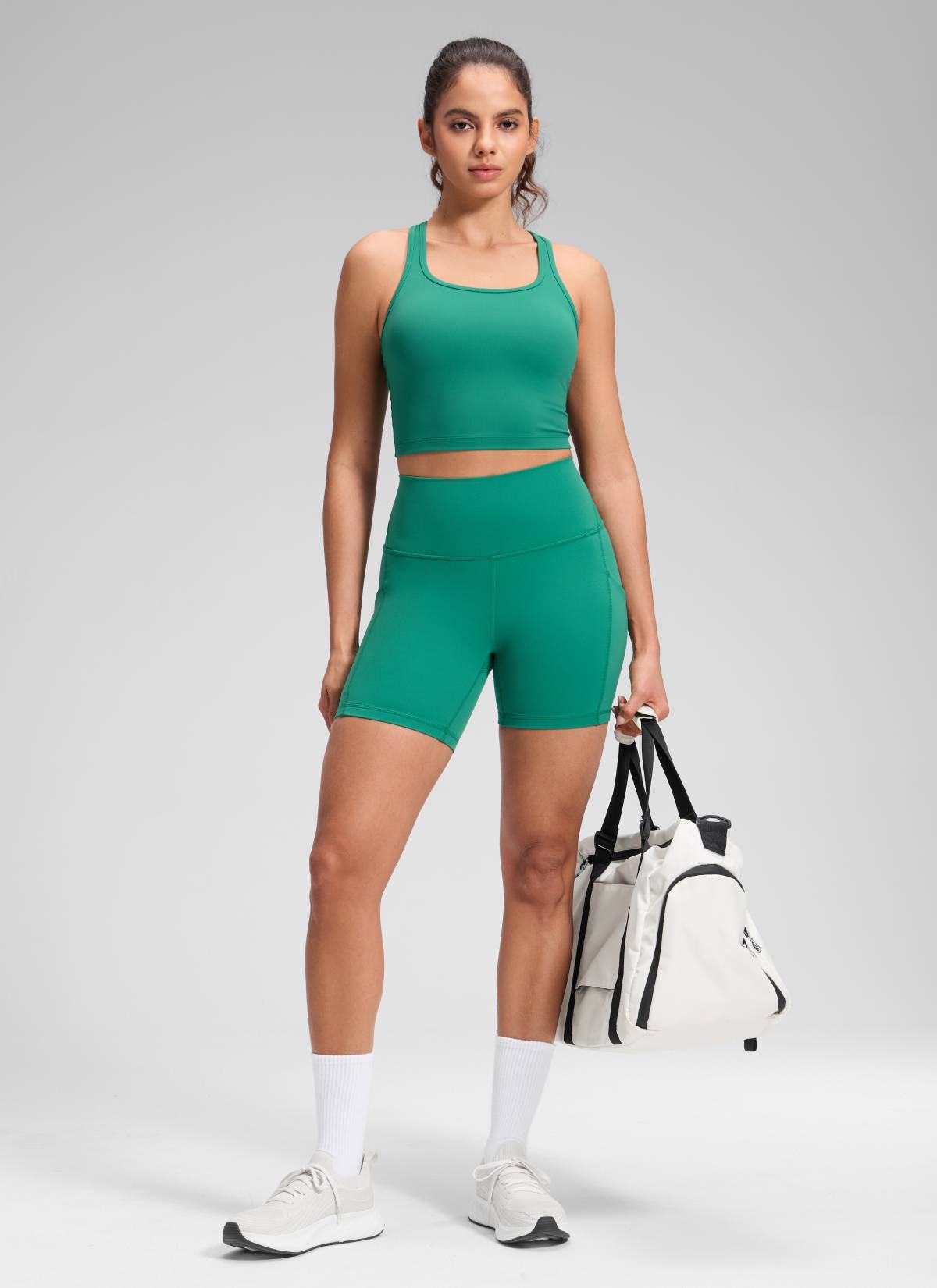 CRZ YOGA Women's Yoga High Rise Biker Butterluxe Pockets Shorts 5'' Cascadia Green