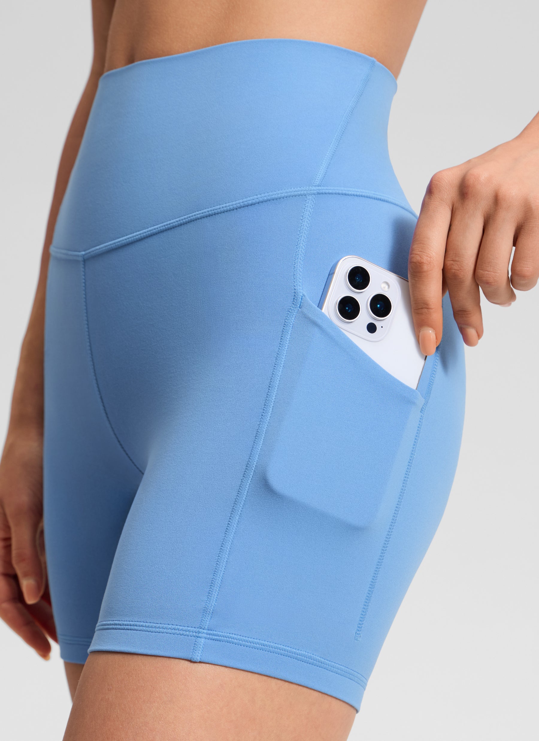 CRZ YOGA Women's Yoga High Rise Biker Butterluxe Pockets Shorts 5'' Party Blue