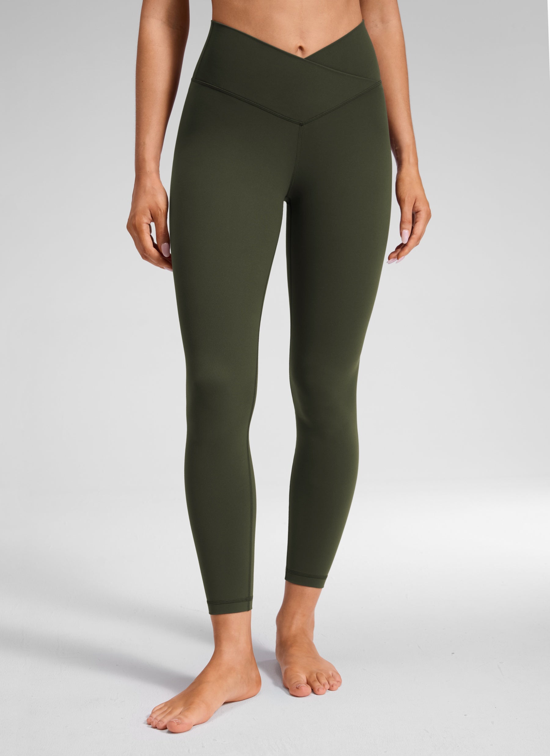 CRZ YOGA Women's High Rise Butterluxe Yoga Leggings 25'' V Cross Waist Olive Green
