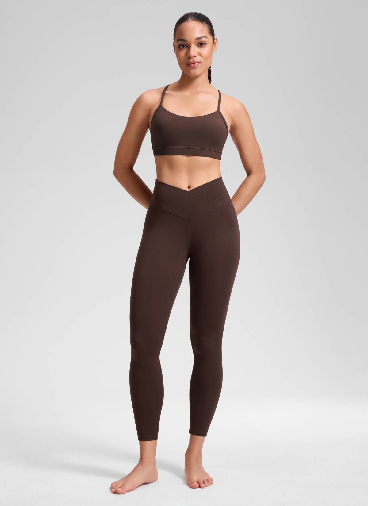 CRZ YOGA Women's High Rise Butterluxe Yoga Leggings 25'' V Cross Waist Hot Fudge Brown