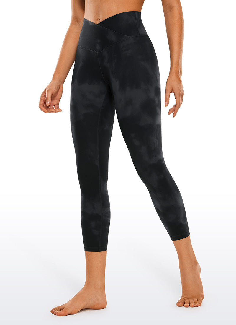 CRZ YOGA Women's High Rise Butterluxe V Cross Waist Capris Leggings 23'' Black Tie Dye Flowers