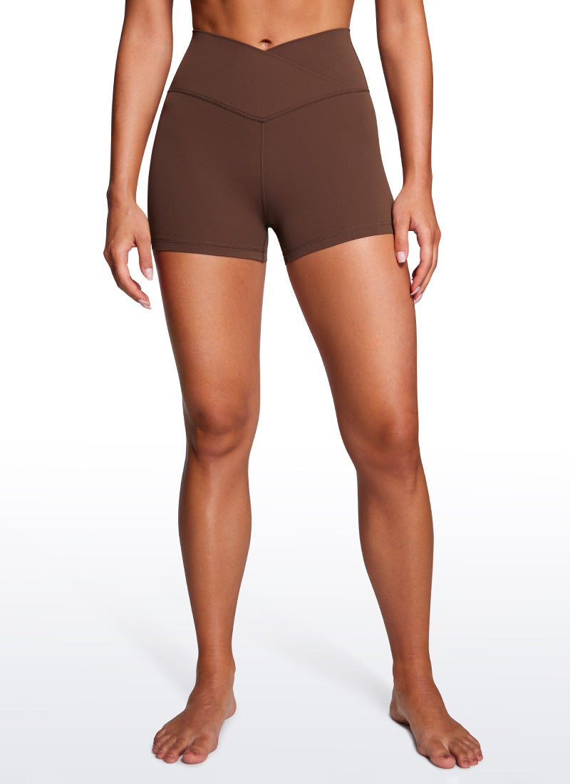 CRZ YOGA Women's High Rise Butterluxe V Cross Waist Biker Shorts 3'' Coffee Brown