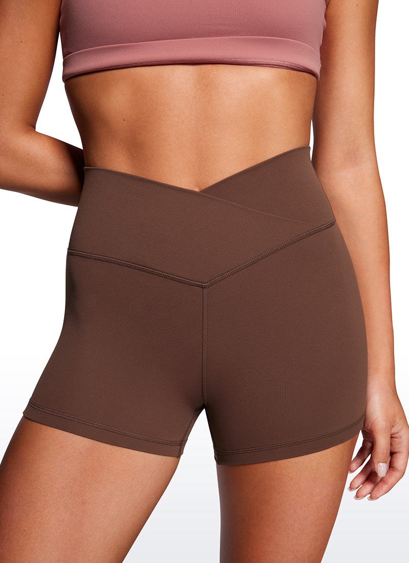 CRZ YOGA Women's High Rise Butterluxe V Cross Waist Biker Shorts 3'' Coffee Brown