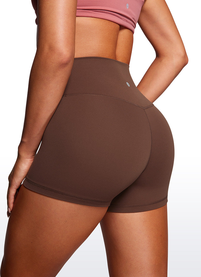 CRZ YOGA Women's High Rise Butterluxe V Cross Waist Biker Shorts 3'' Coffee Brown