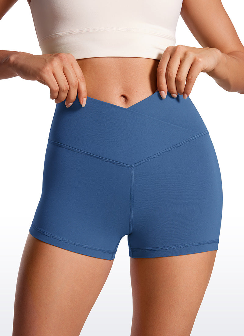CRZ YOGA Women's High Rise Butterluxe V Cross Waist Biker Shorts 3'' Pitch Blue