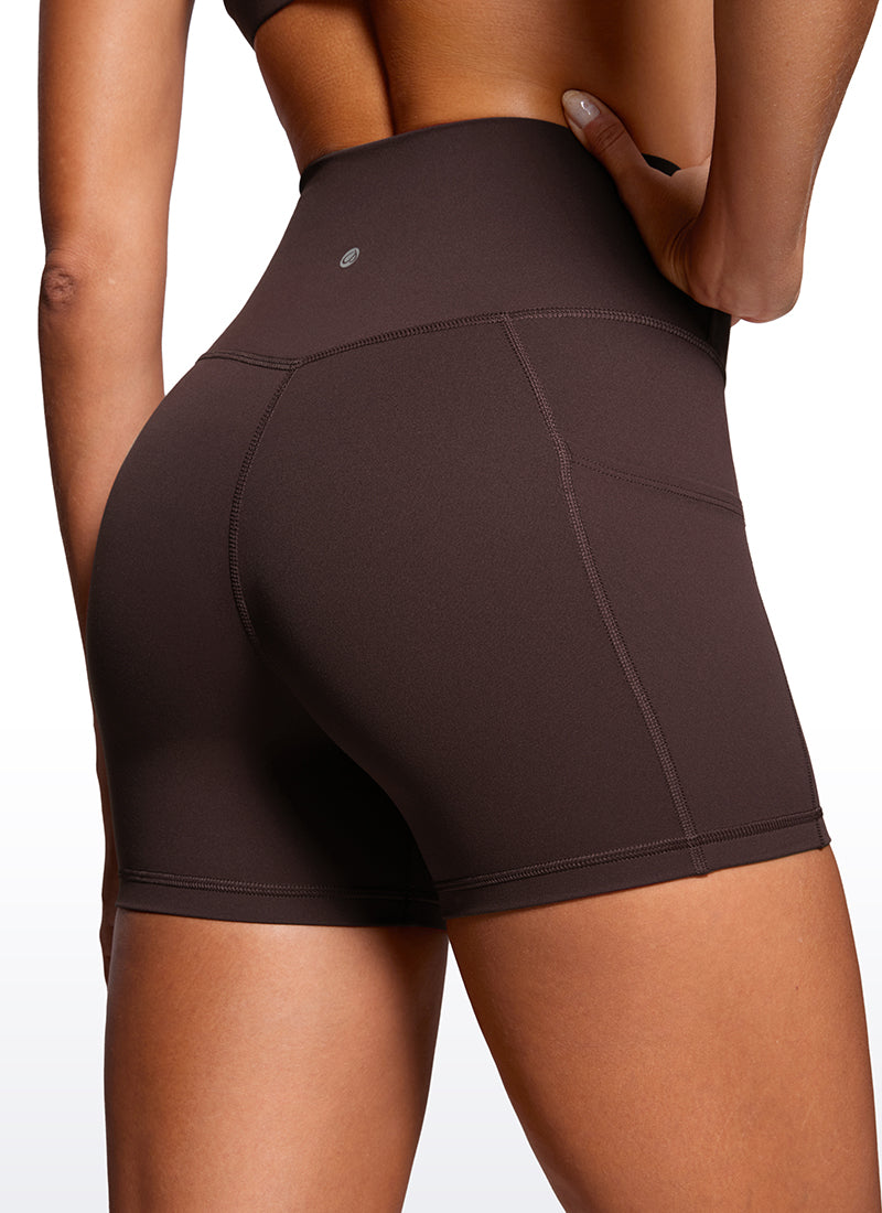 CRZ YOGA Women's High Rise Butterluxe V Cross Waist Pockets Shorts 4'' Hot Fudge Brown