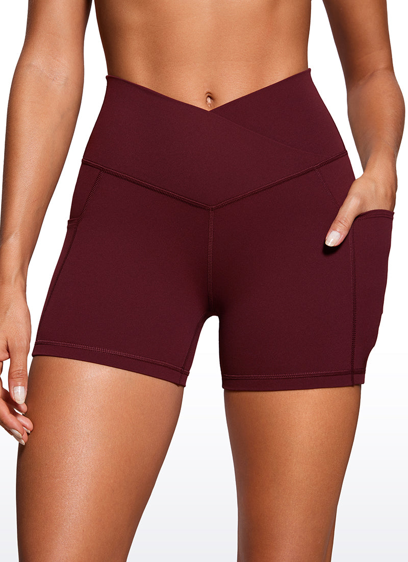 CRZ YOGA Women's High Rise Butterluxe V Cross Waist Pockets Shorts 4'' Red Merlot