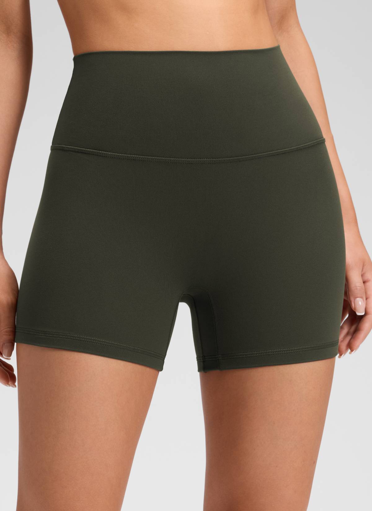 CRZ YOGA Women's Butterluxe Yoga High Rise No Front Seam Shorts 4'' Olive Green