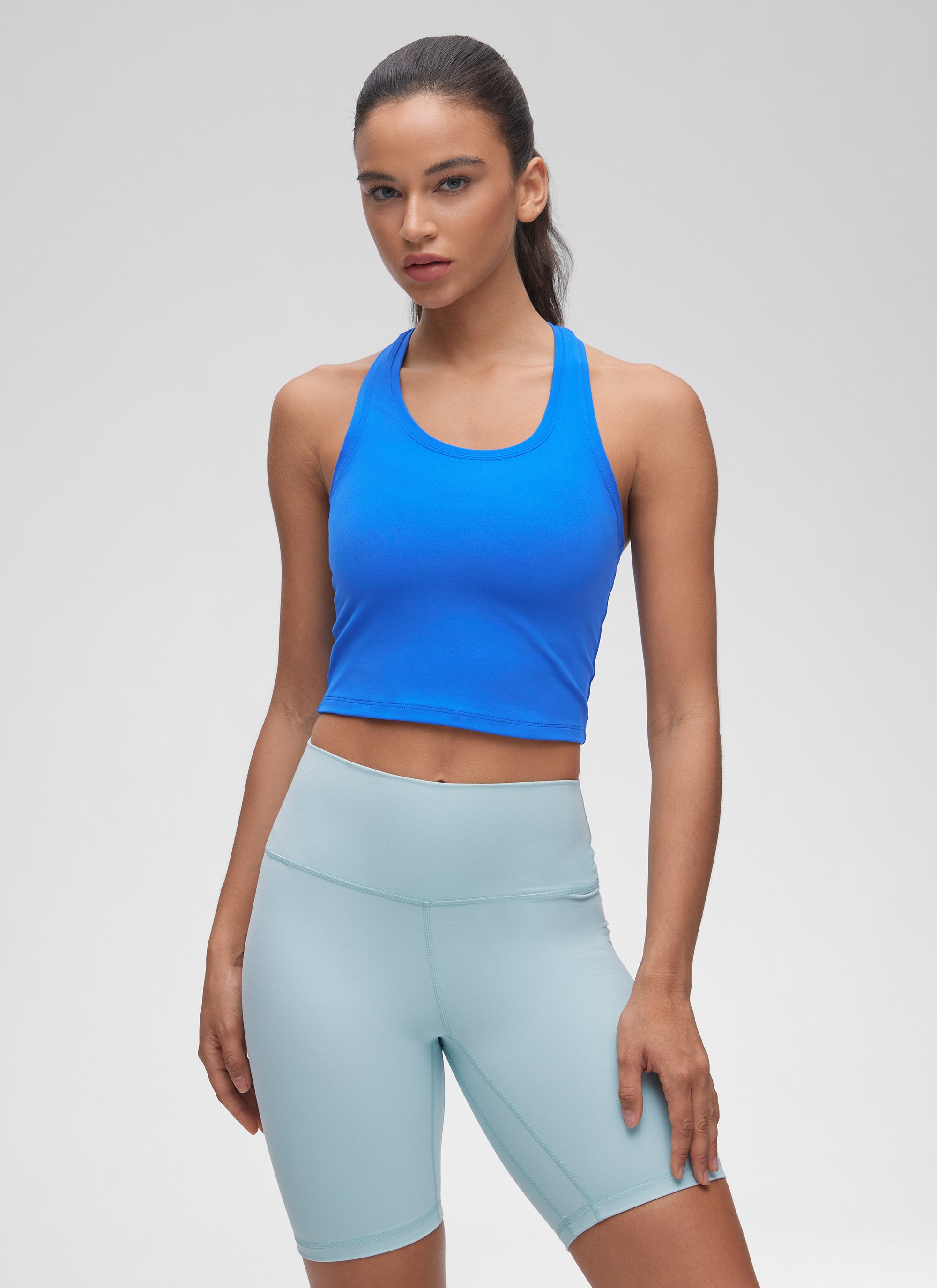 CRZ YOGA Women's Butterluxe Scoop Neck Racerback Cropped Lounge Yoga Tank Sparkle Blue