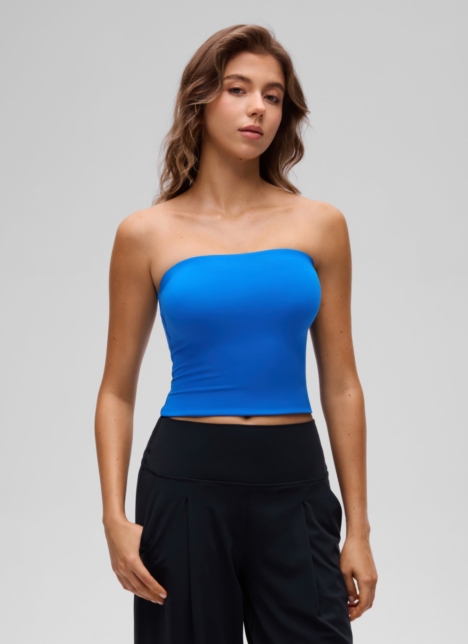 CRZ YOGA Women's Casual Butterluxe Tight Fit Strapless Tops Sparkle Blue
