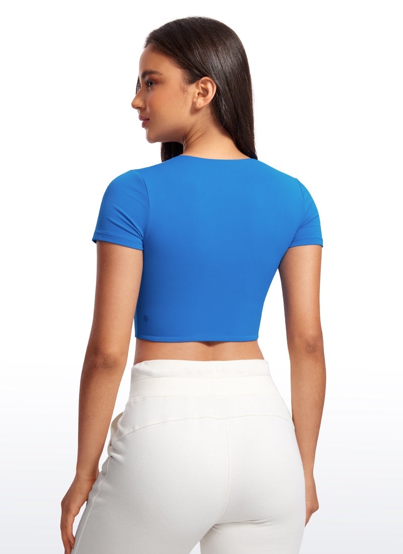 CRZ YOGA Women's Yoga Tight Fit Butterluxe Cropped Short Sleeves Sparkle Blue
