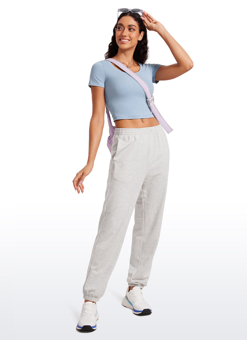 CRZYOGA Women's Slim Fit Scoop Neck Cropped Short Sleeves Cambric Blue