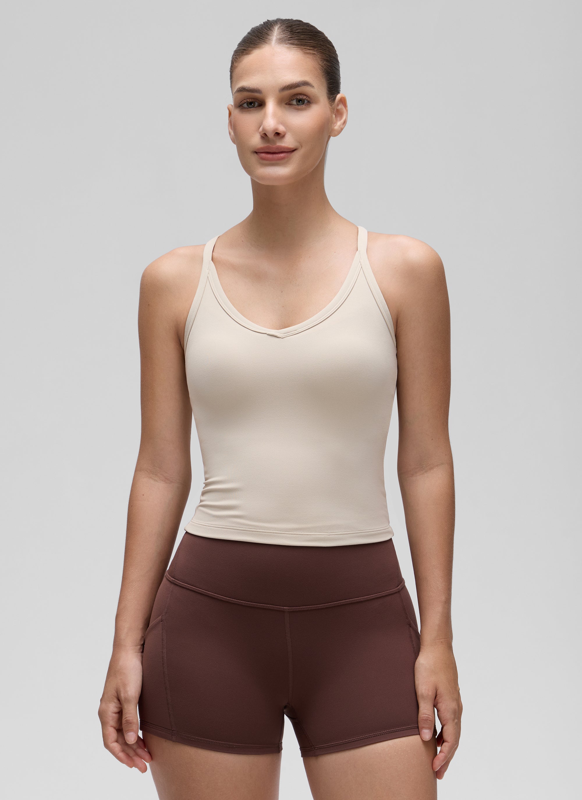 CRZ YOGA Women's Butterluxe Soft Double Lined V Neck Racerback Tanks Mojave Tan