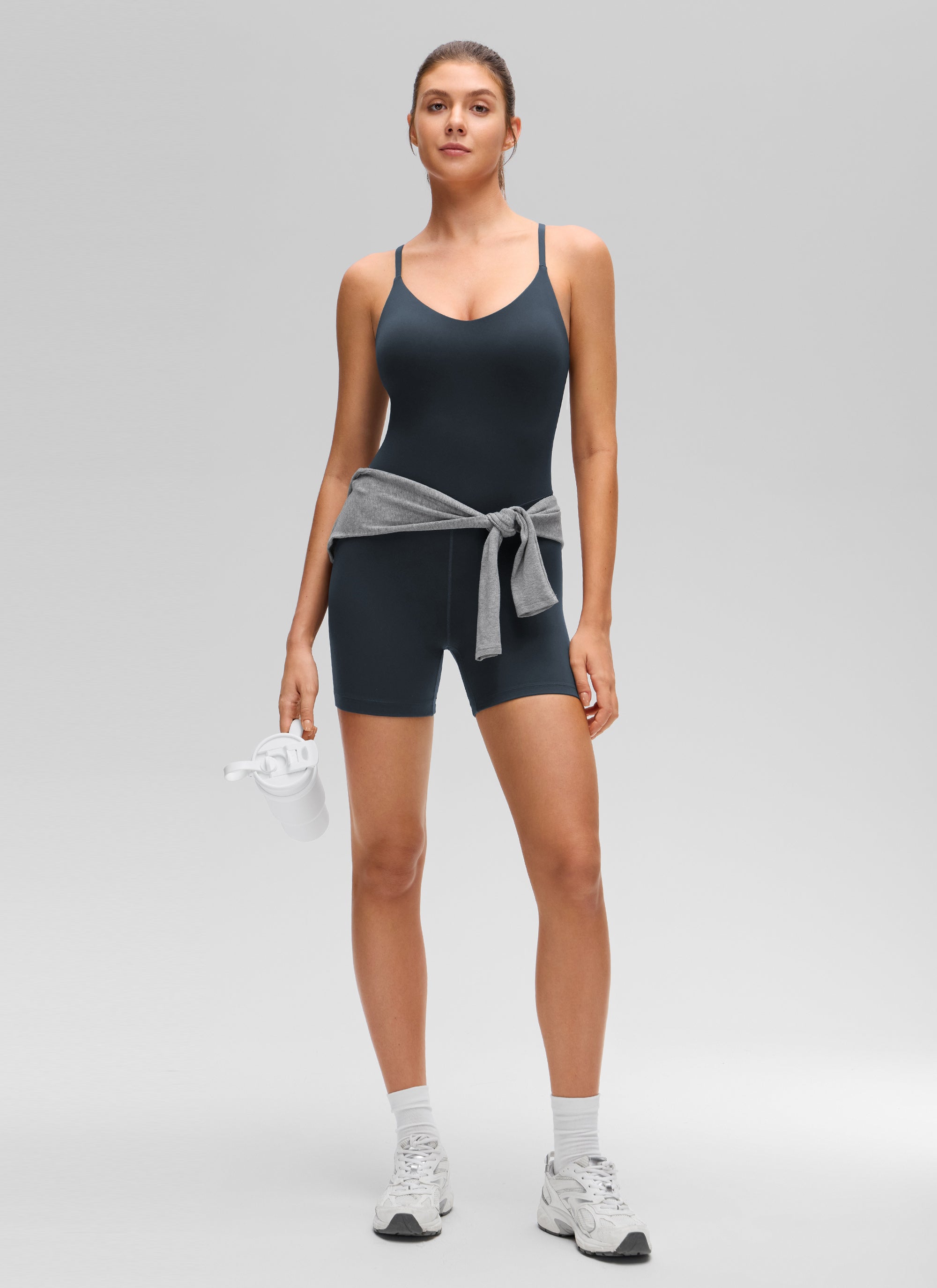 CRZ YOGA Women's Butterluxe Yoga U Neck Cross Back Built in Bra Romper True Navy