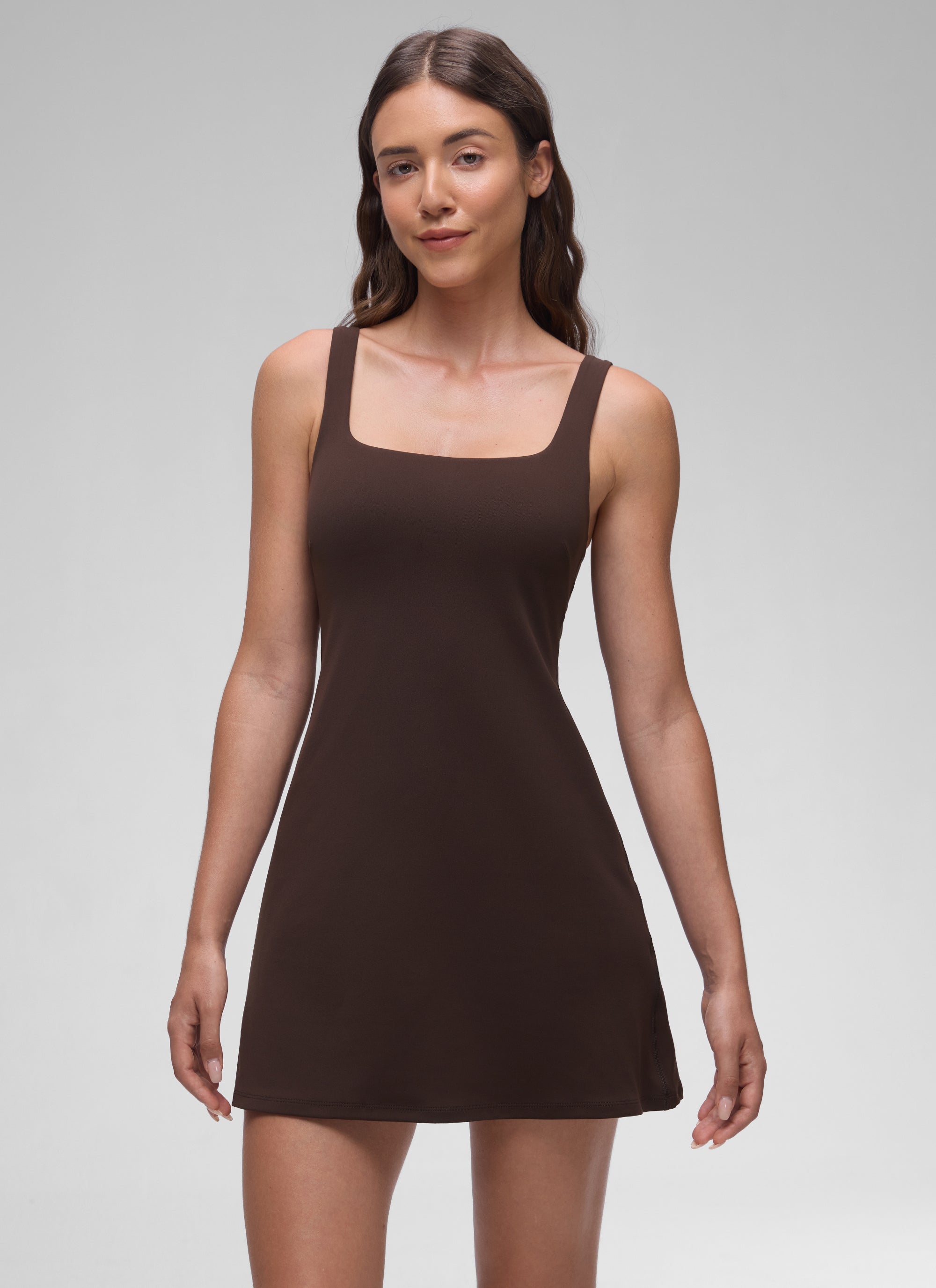 CRZ YOGA Women Butterluxe Square Neck Shelf Bra Tennis Dresses A line Hot Fudge Brown