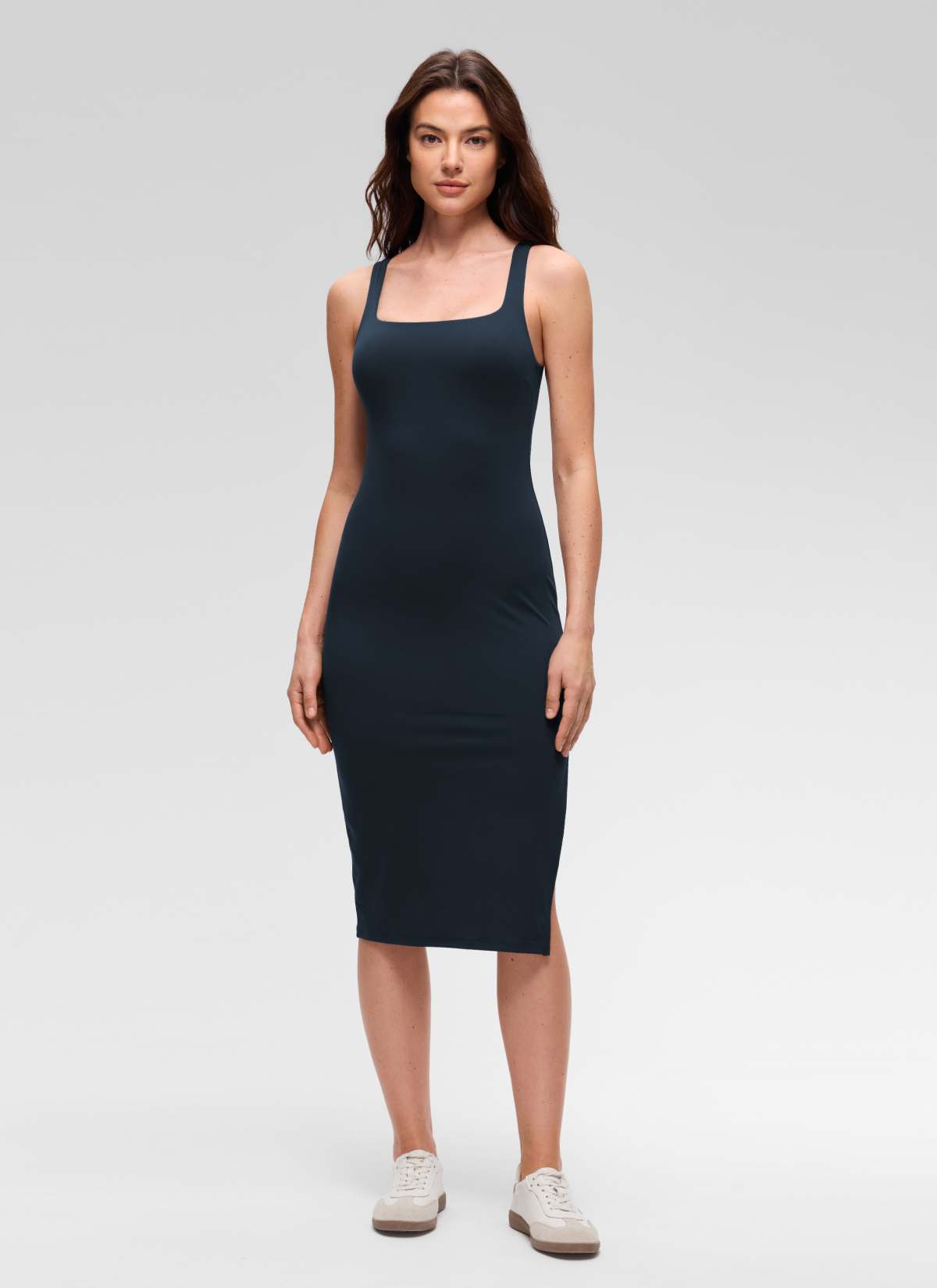 CRZ YOGA Women's Butterluxe Casual Square Neck Side Split Midi Dress True Navy