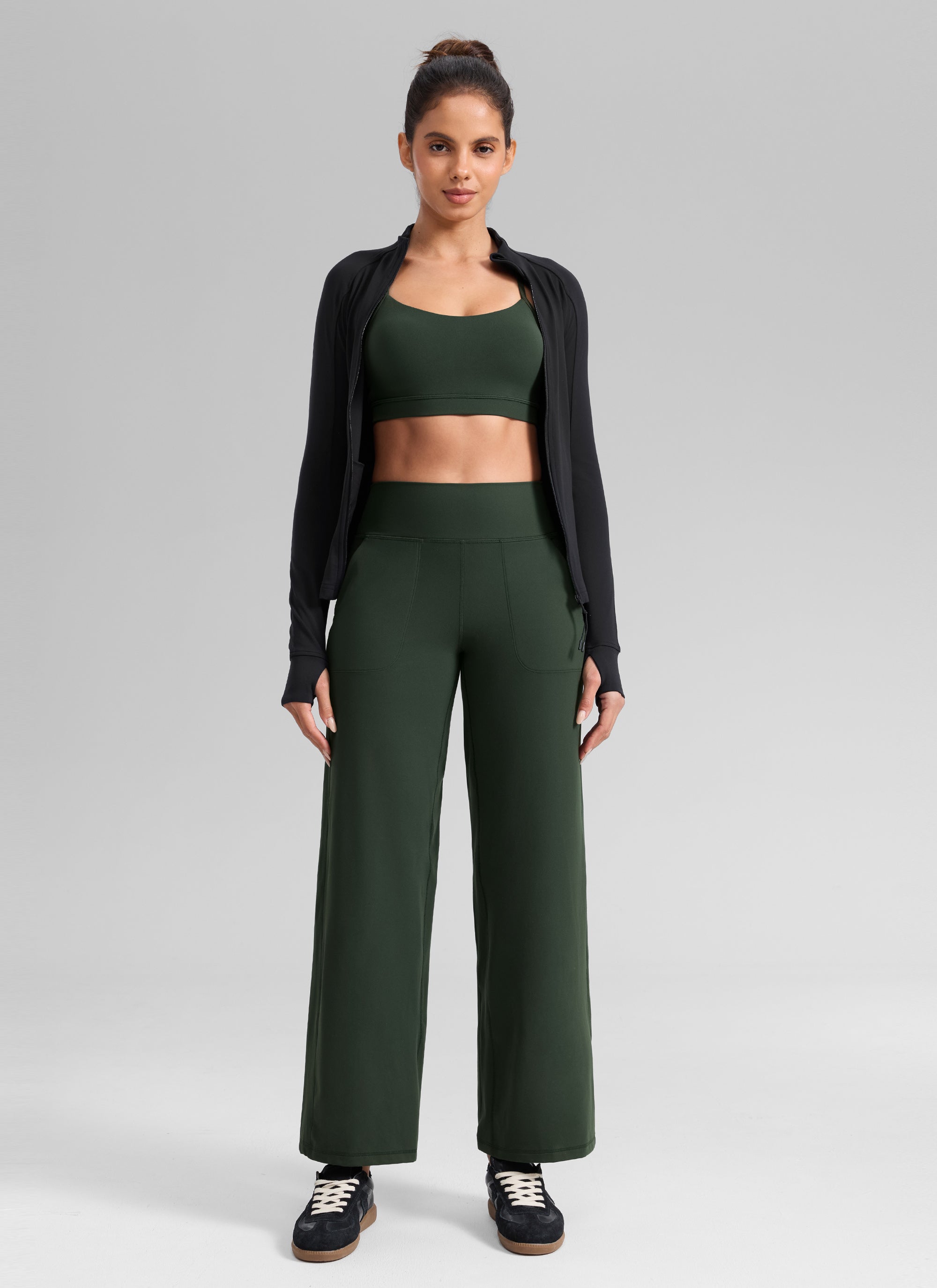 CRZ YOGA Women's Butterlift High Waisted Wide Leg Pants with Pockets Legend Green