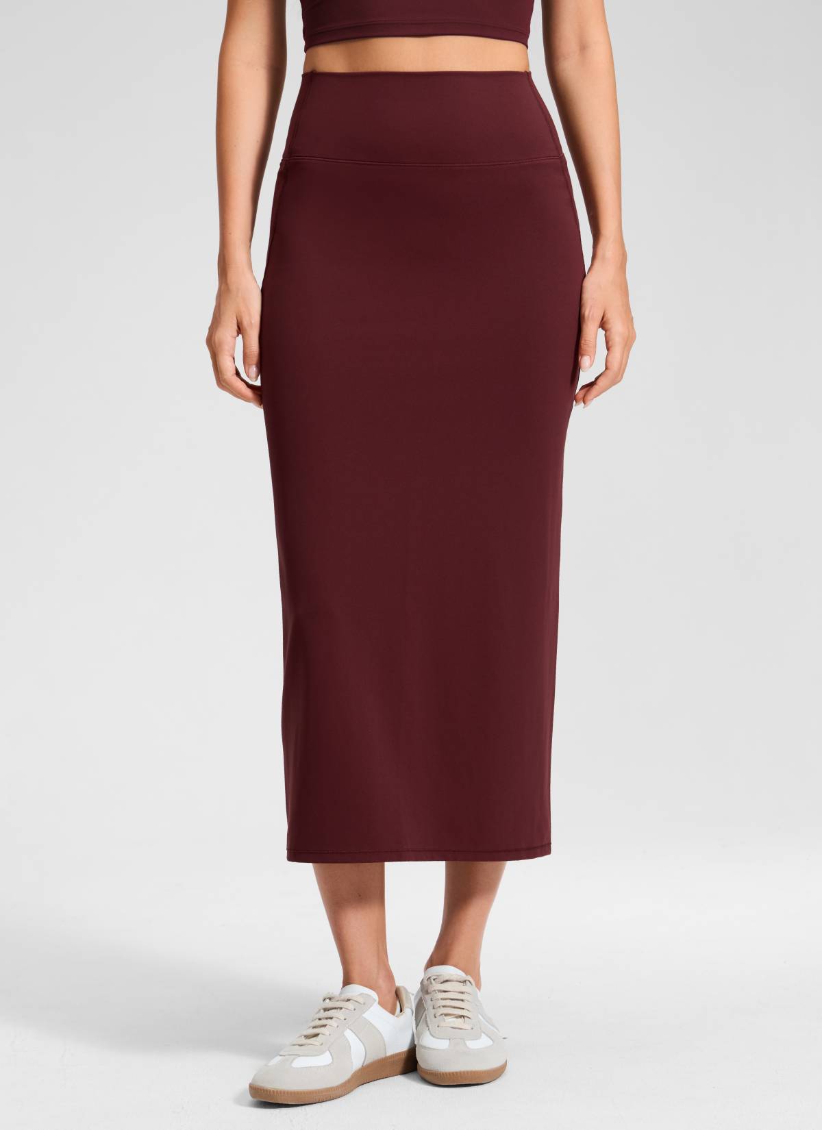 CRZ YOGA Women's Butterlift High Rise Slim Fit Maxi Pencil Skirt Red Merlot