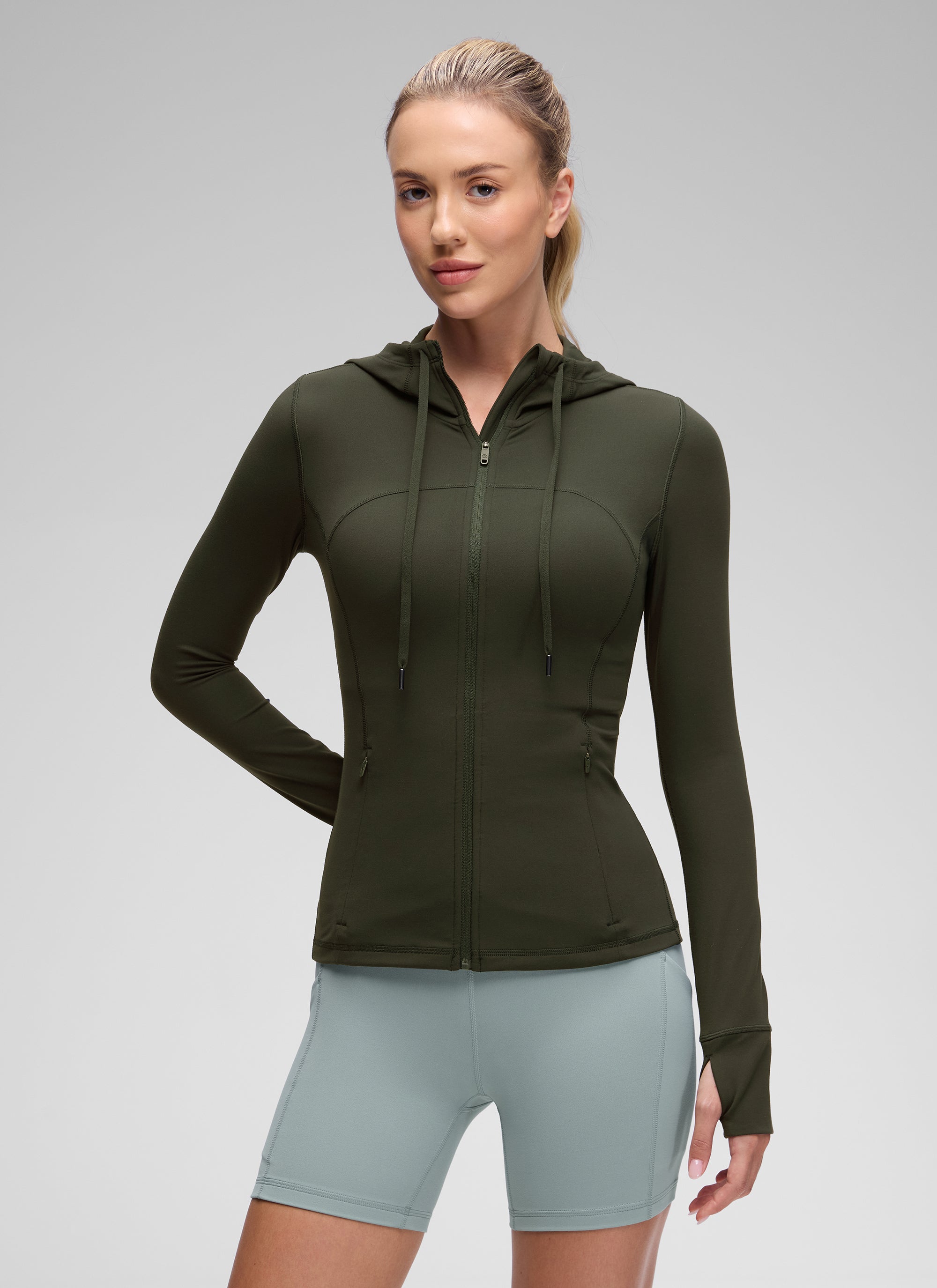 CRZ YOGA Women's Butterluxe Slim Fit Pocket Outerwear Full Zip Hoodies Olive Green