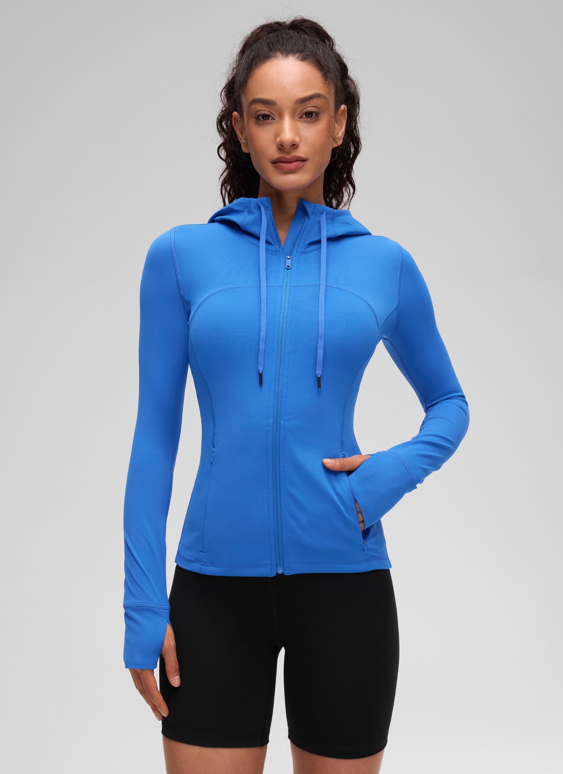 CRZ YOGA Women's Butterluxe Slim Fit Pocket Outerwear Full Zip Hoodies Sparkle Blue
