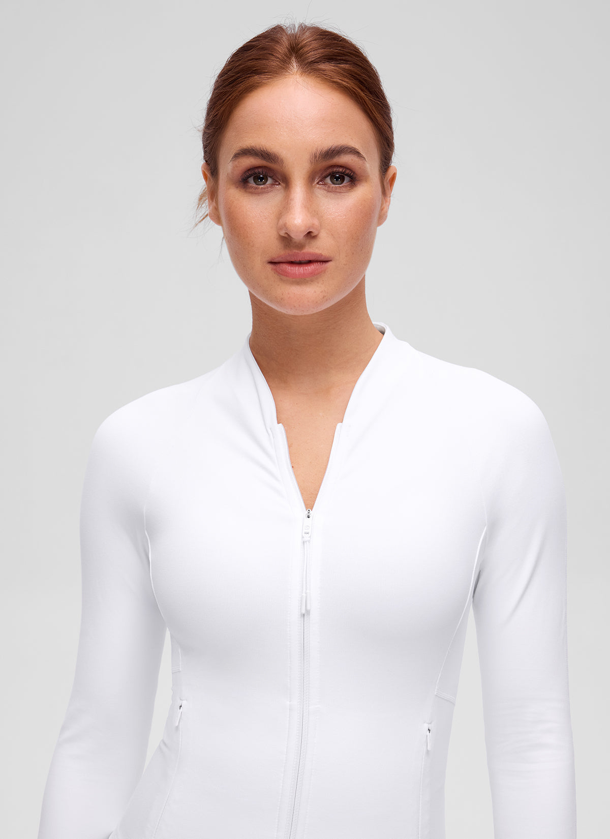 CRZ YOGA Women's Butterluxe Casual V Neck Waist Length Pocket Jacket White