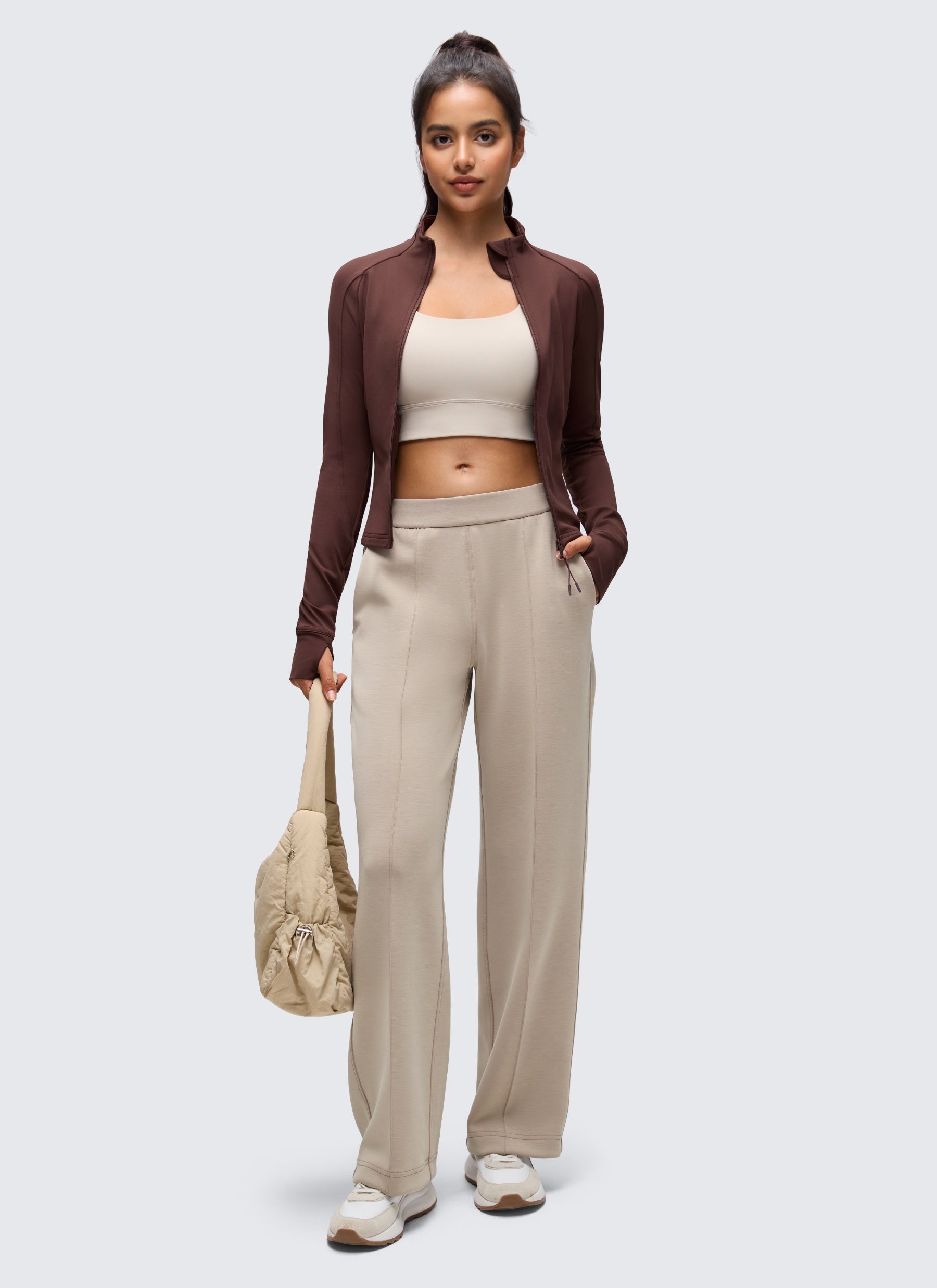 CRZ YOGA Women's Butterluxe Cropped Pocket Outerwear Full Zip Jackets Taupe